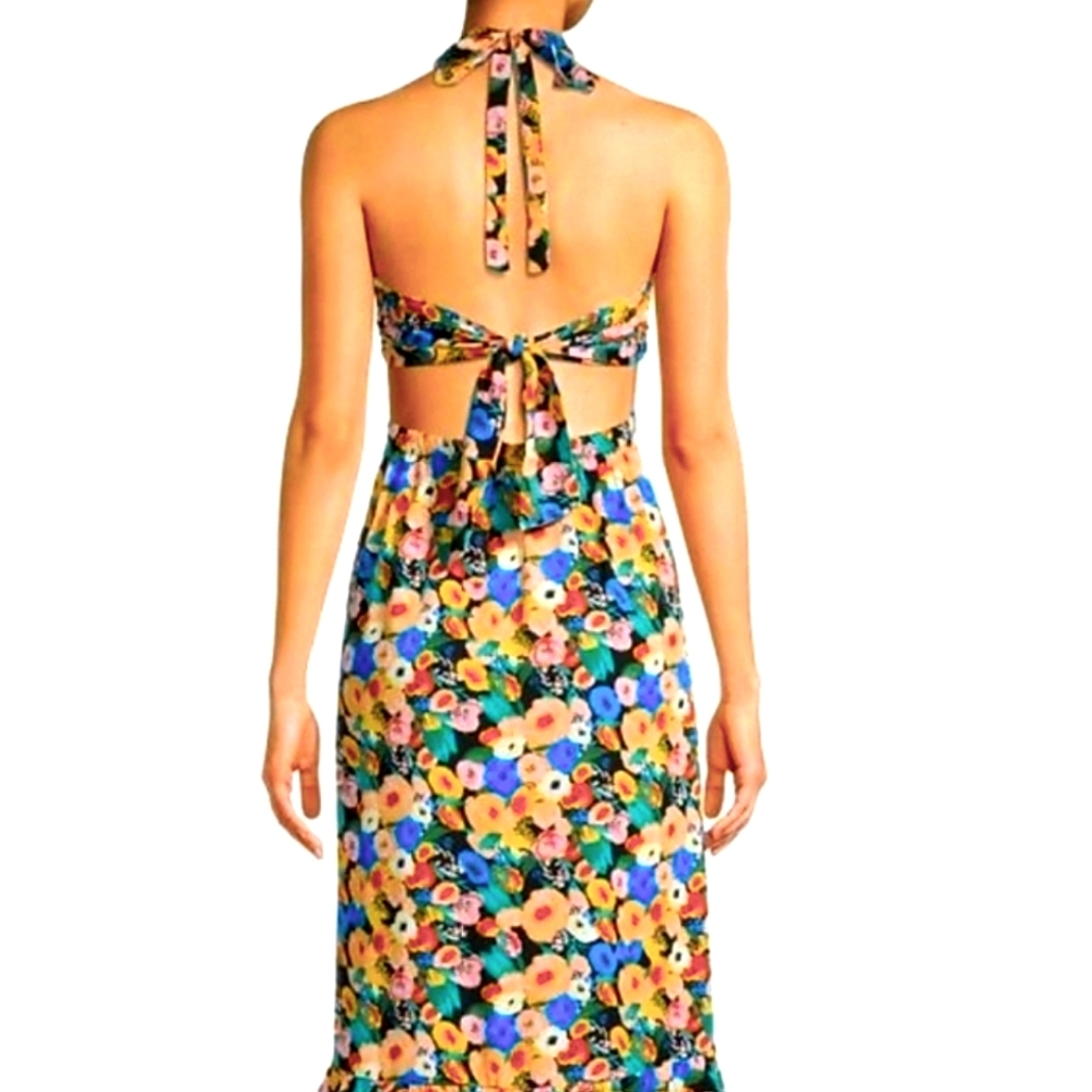 LUSH Black Multi Floral Cut-out Halter Midi Dress w/ Slit Front NEW